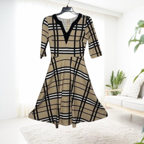SHEIN Tan & Black Plaid Fit-and-Flare Dress w/ Pockets • Size Small - Picture 1 of 14